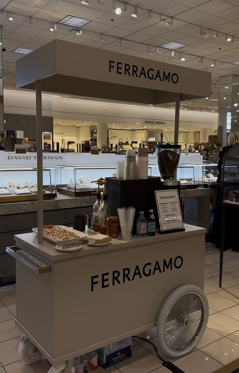 Brand activation catering with custom-branded carts — 58 Hester 58 Hester coffee cart custom-branded for a Salvatore Ferragamo brand activation in Southern California