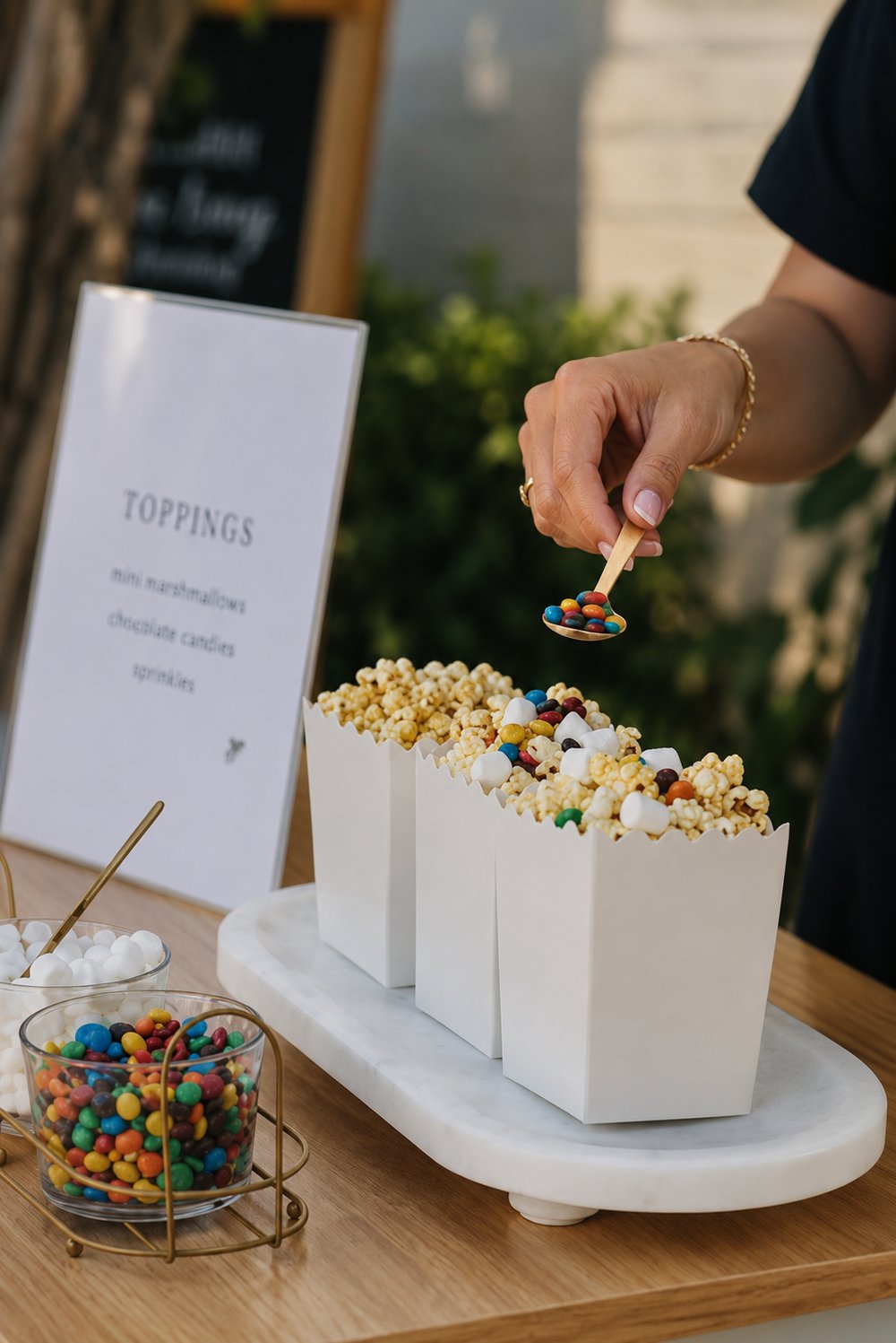 Popcorn cart catering in Los Angeles, Orange County & Southern California Gourmet popcorn cart with a build-your-own toppings bar at a 58 Hester Los Angeles event